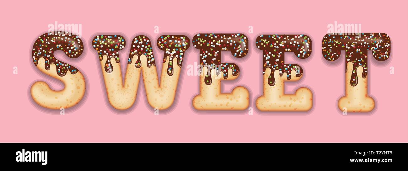 Tempting  typography. Icing text. Word  'sweet' glazed with chocolate and candy. Donut letters. Vector Stock Vector