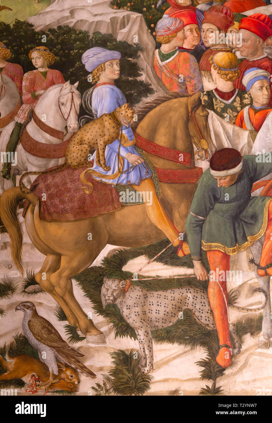 Giuliano de' Medici as a teenager with Leopard, Procession of the Old King, west wall, Fresco cycle, Procession of the Magi, Benozzo Gozzoli, circa 14 Stock Photo