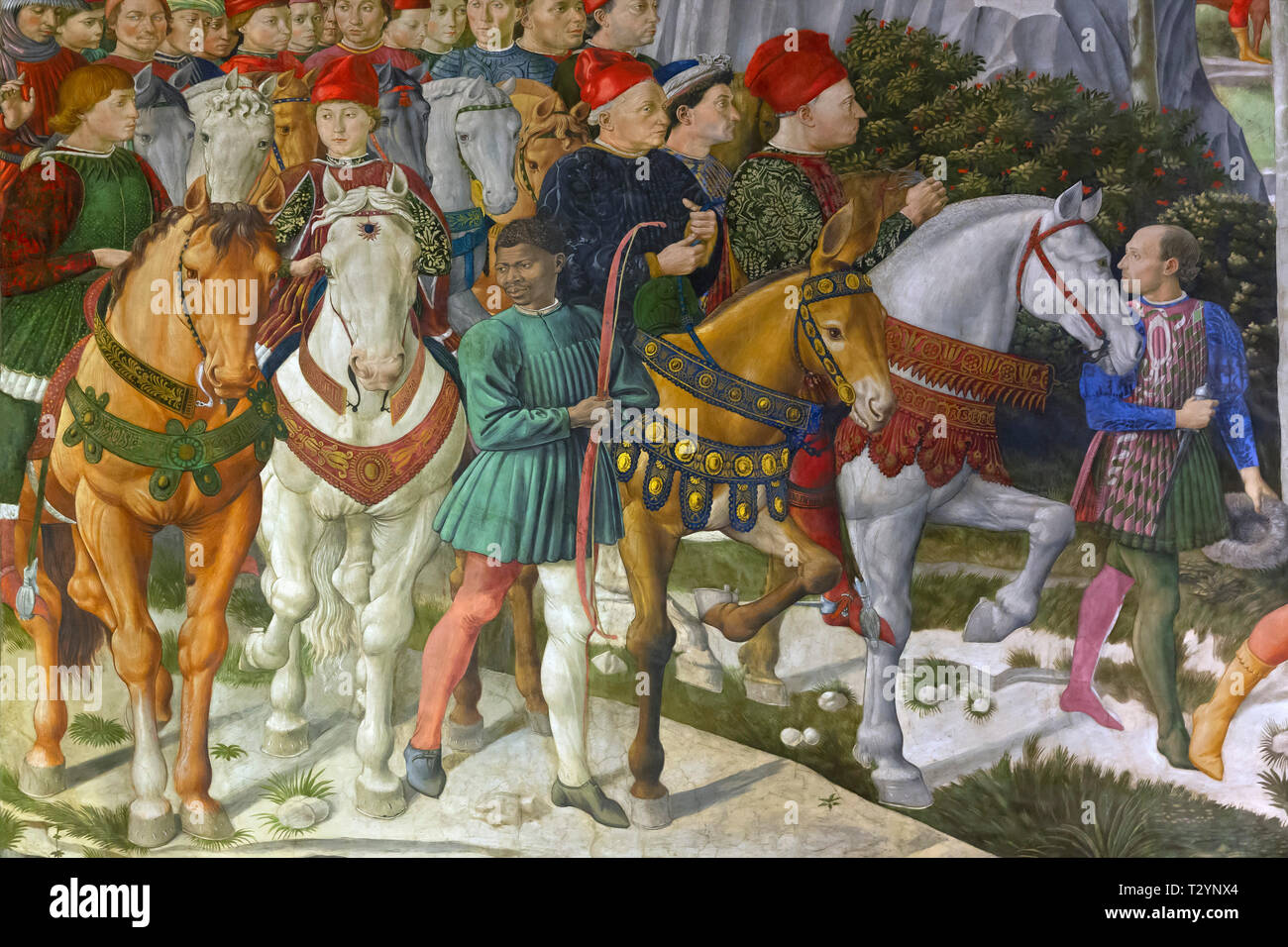 Cosimo, Giovanni and Piero Medici. Procession of the Youngest King, west wall, Fresco cycle,  The Procession of the Magi, Benozzo Gozzoli, circa 1459, Stock Photo