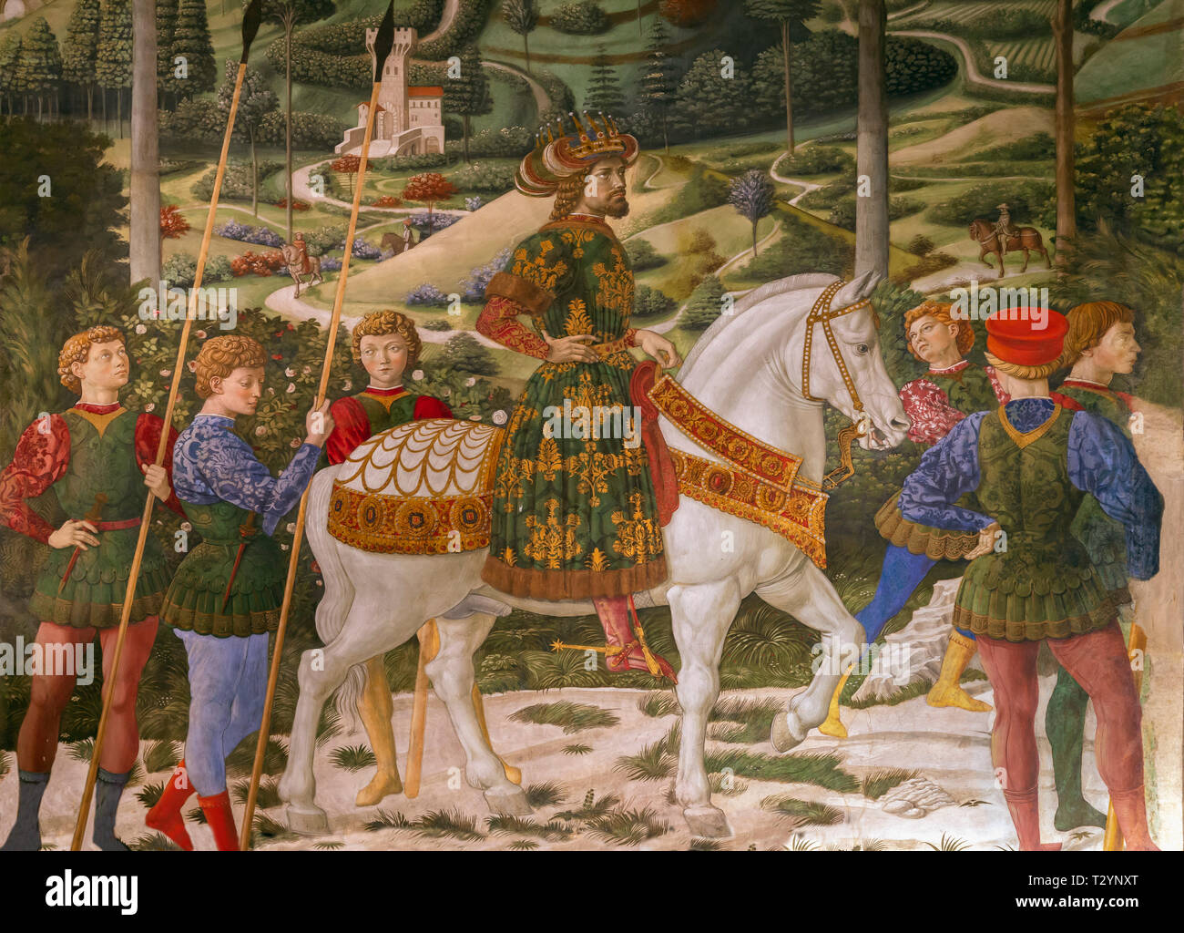 King Balthazar on horseback, Byzantine emperor,  John VIII Palaiologos, Procession of the Middle King, detail of fresco cycle,  Procession of the Magi Stock Photo