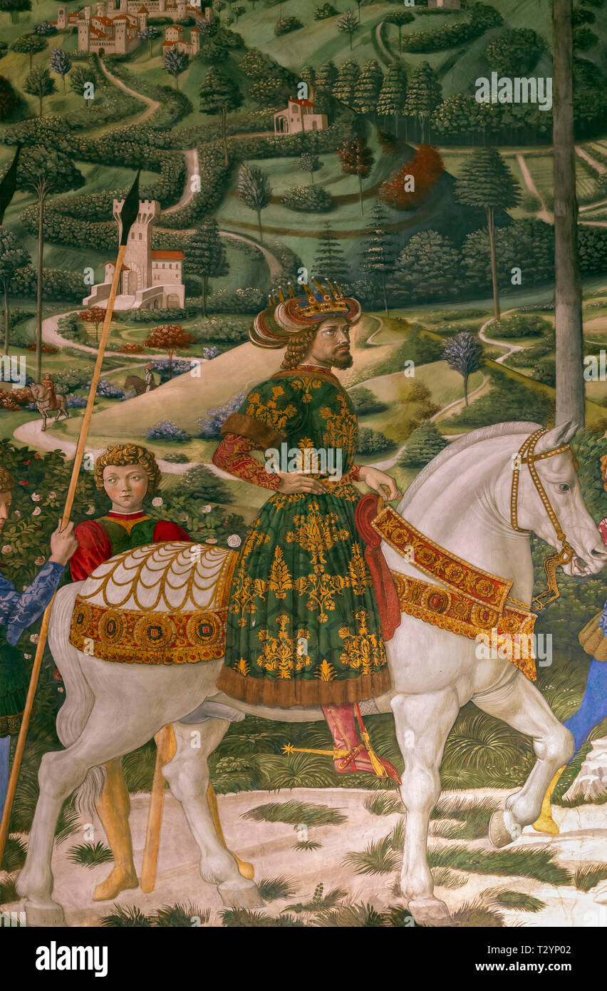 King Balthazar on horseback, Byzantine emperor,  John VIII Palaiologos,Procession of the Middle King,  detail of fresco cycle,  Procession of the Magi Stock Photo