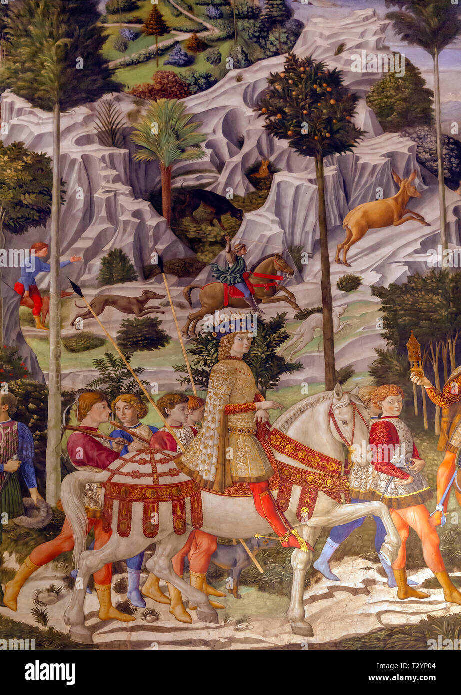 Lorenzo de' Medici, Lorenzo the Magnificent, on horseback  as Caspar the Magus, Procession of the Youngest King, west wall, Fresco cycle,  The Process Stock Photo