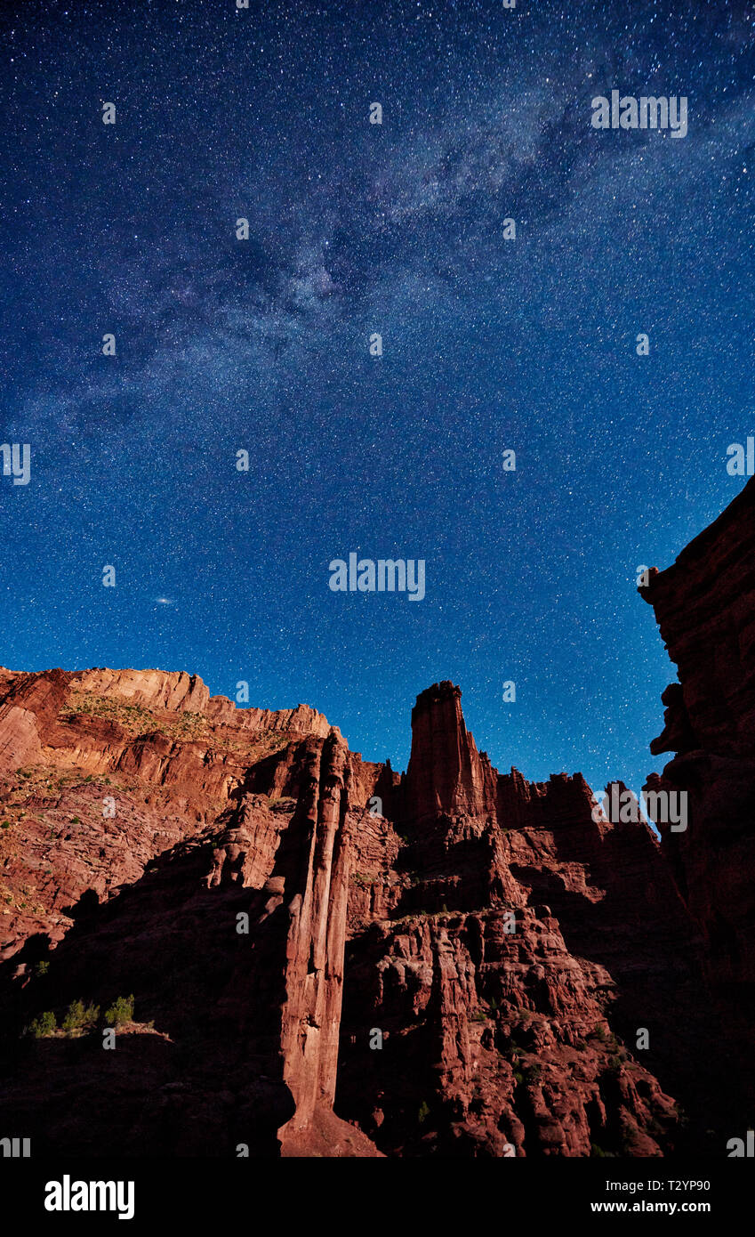 night sky and milky way above Fisher Towers, Moab, Utah, USA, North America Stock Photo