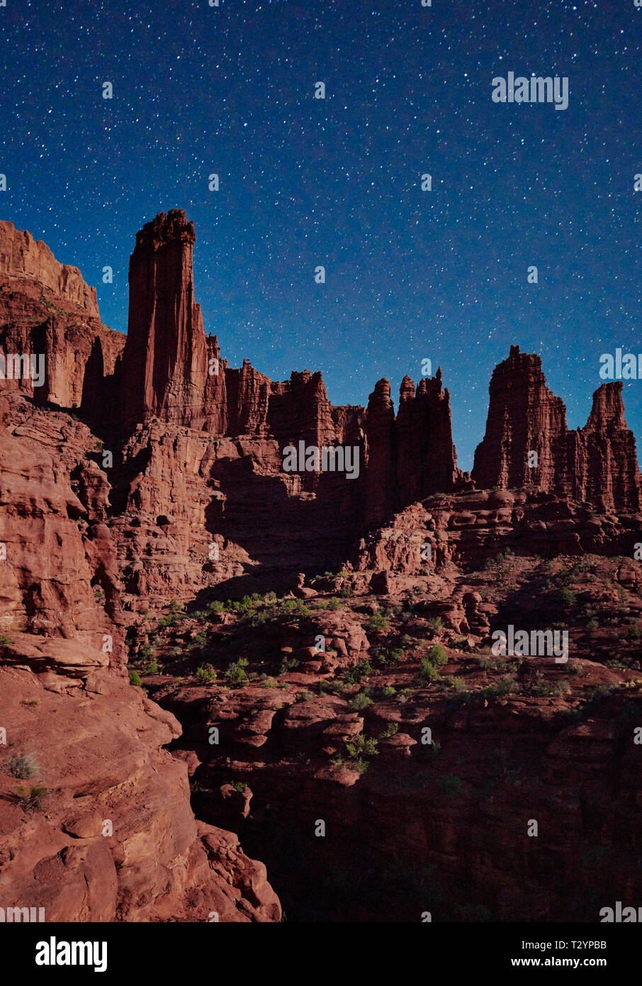 night sky and milky way above Fisher Towers, Moab, Utah, USA, North