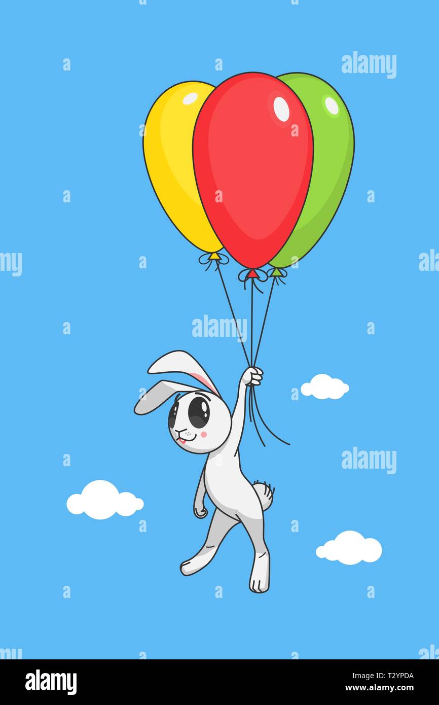 Vector illustration of a cute white rabbit is flying on balloons. The ...