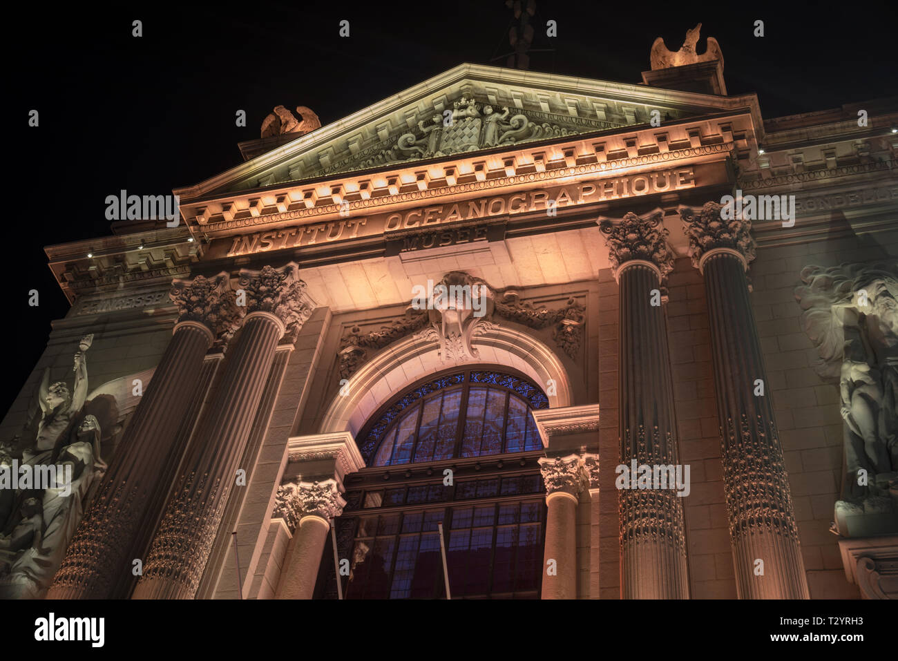 Facade view in the night of the Oceanographic Institute in Principality of Monaco Stock Photo