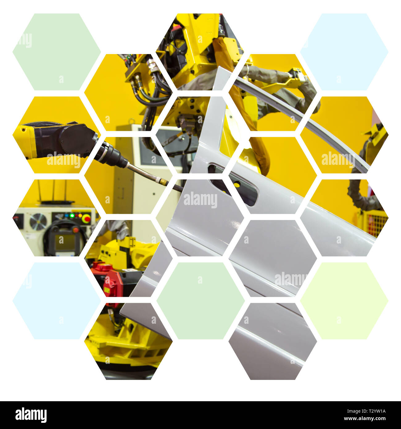 Industry robot arm spot welding car door in hexagon shape Stock Photo