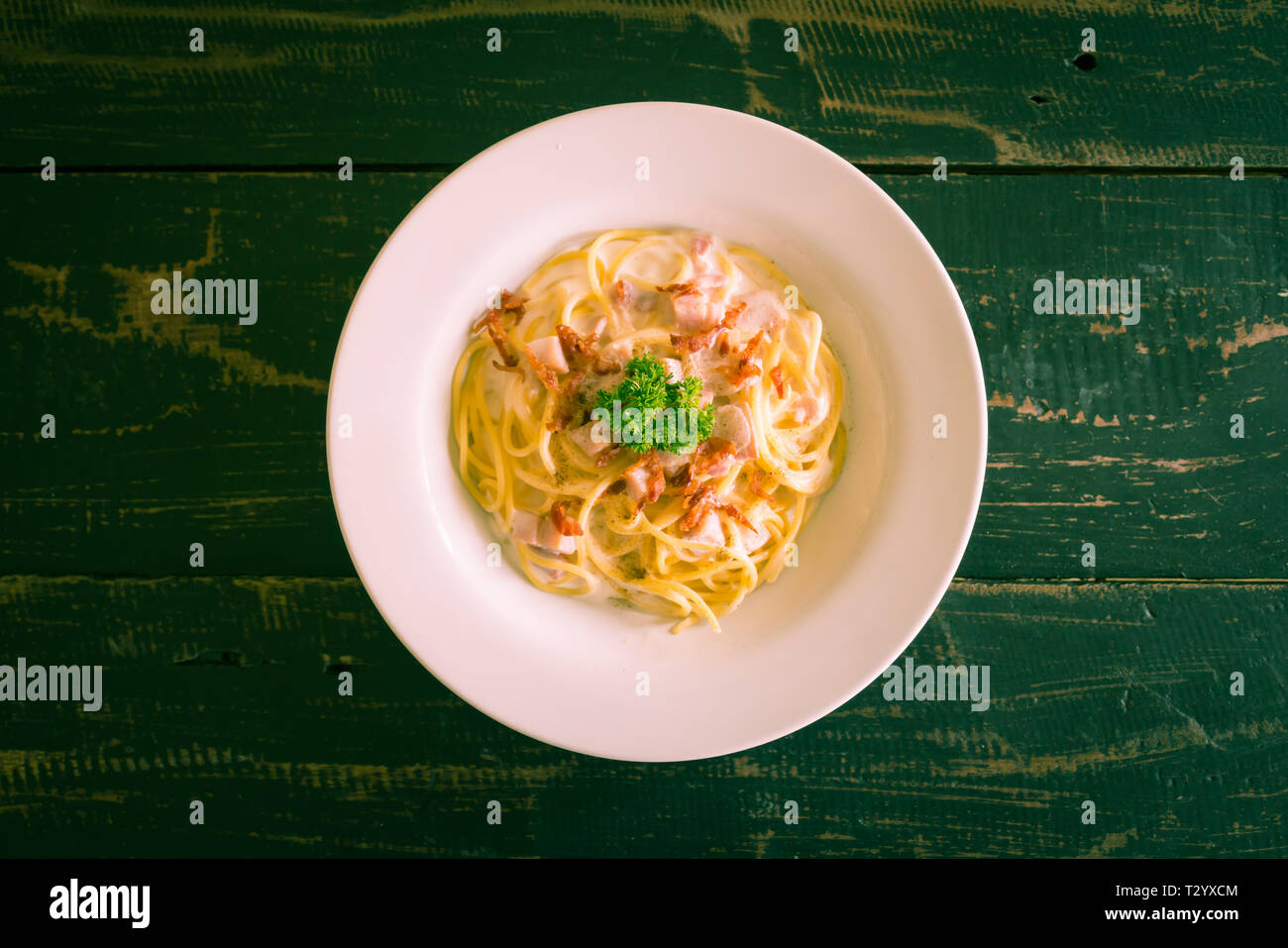 Spaghetti Carbonara with Bacon and Ham and Parsley and Mayonnaise Sauce