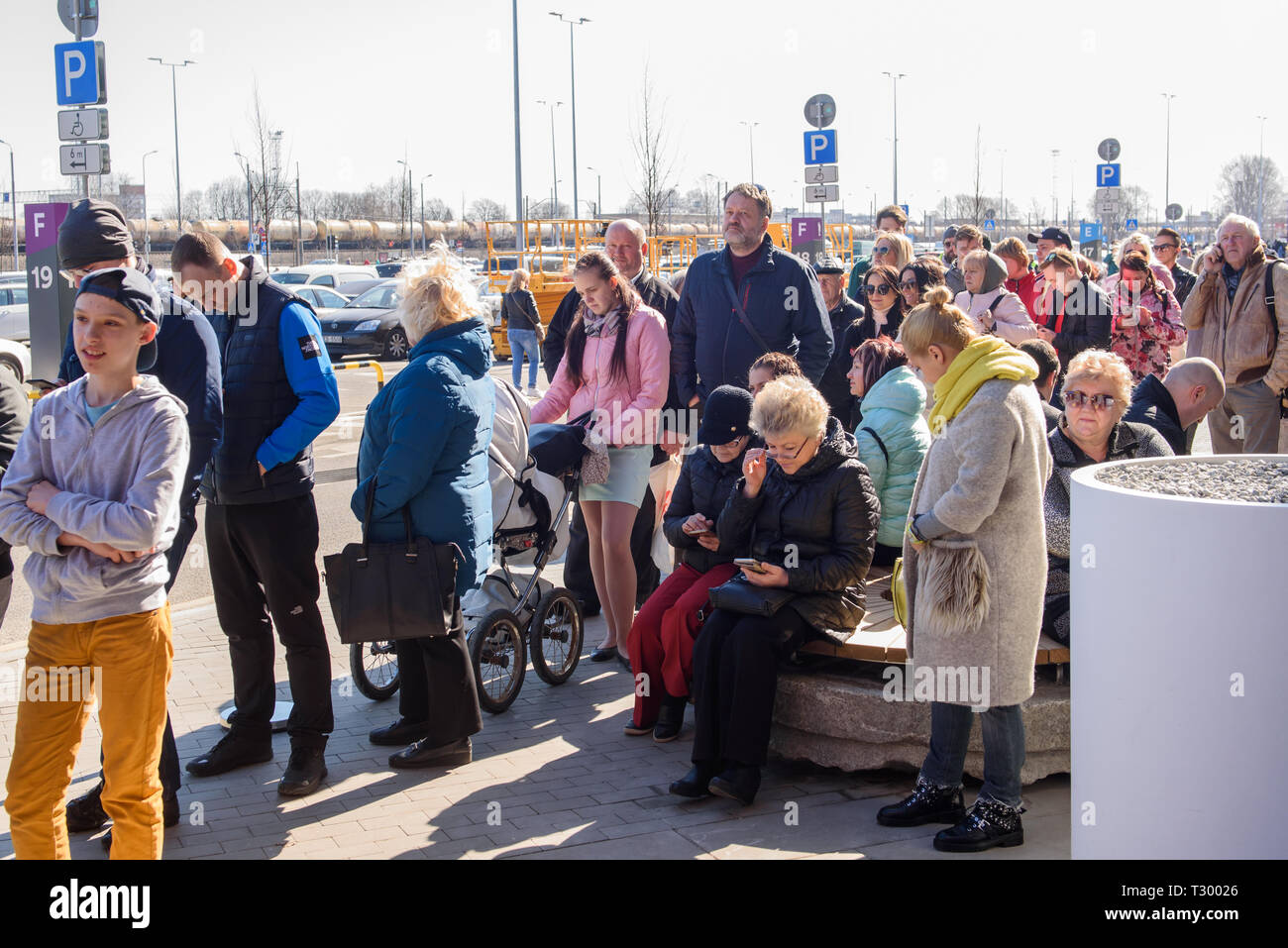 04.04.2019. RIGA, LATVIA. Crowd with people in Akropole shopping centre. Official opening of biggest shopping centre Akropole in Latvia. The shopping  Stock Photo