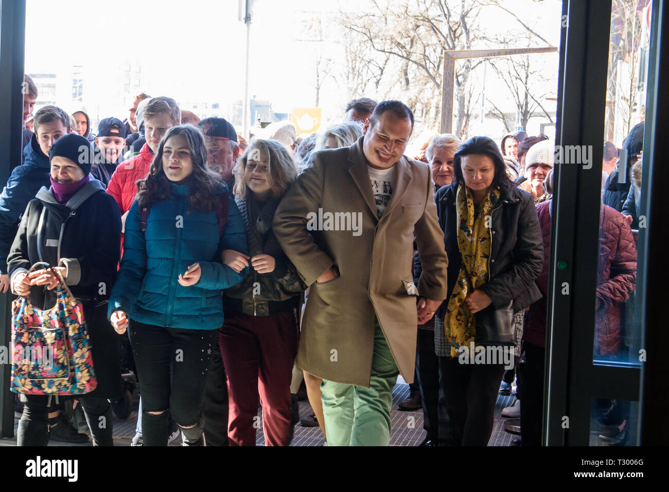 04.04.2019. RIGA, LATVIA. Crowd with people in Akropole shopping centre. Official opening of biggest shopping centre Akropole in Latvia. The shopping  Stock Photo