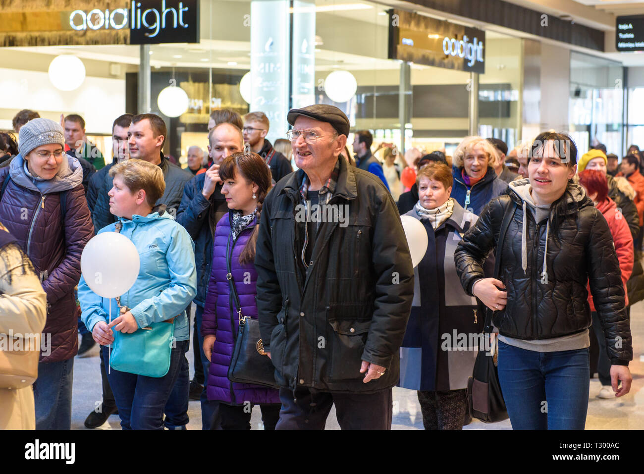 04.04.2019. RIGA, LATVIA. Crowd with people in Akropole shopping centre. Official opening of biggest shopping centre Akropole in Latvia. The shopping  Stock Photo