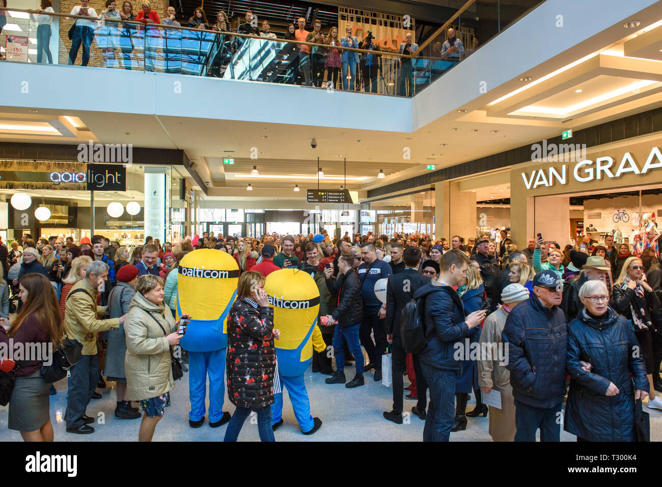 04.04.2019. RIGA, LATVIA. Crowd with people in Akropole shopping centre. Official opening of biggest shopping centre Akropole in Latvia. The shopping  Stock Photo