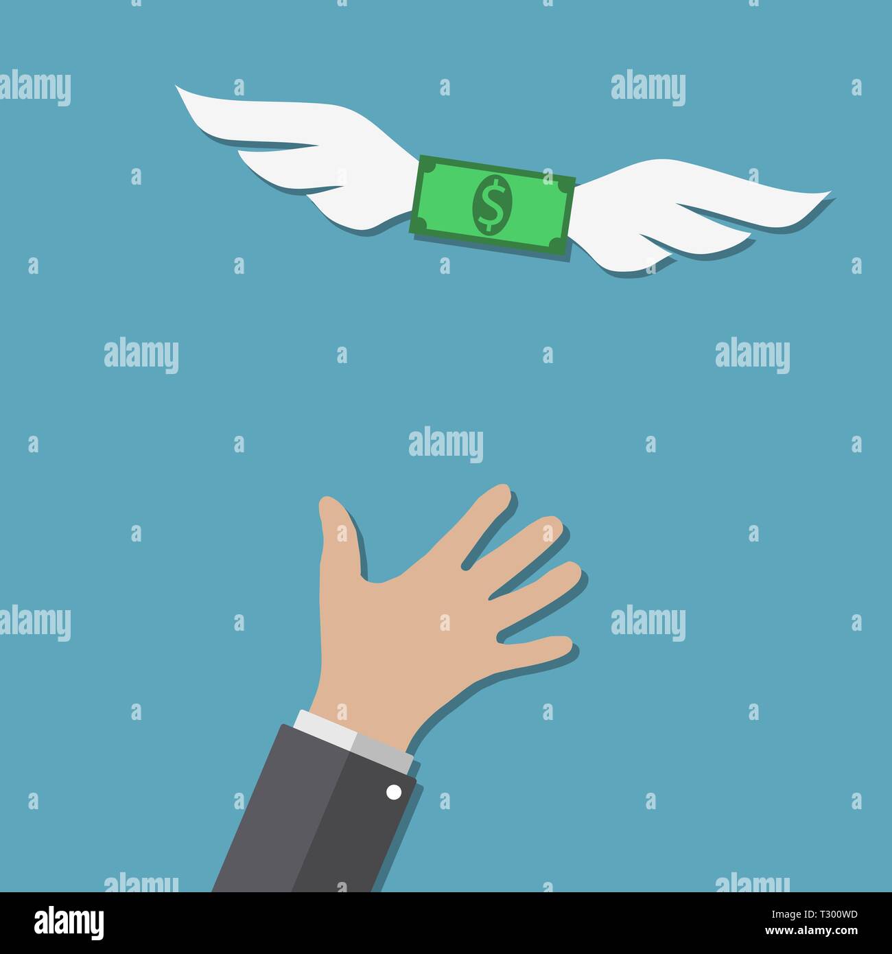 Dollar with wings flying away from buisness man hand at blue backgound ...