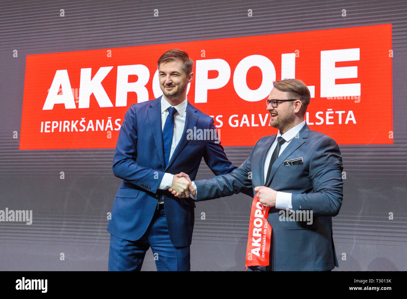 04.04.2019. RIGA, LATVIA.  Vytautas Labeckas CEO of Akropolis and Kaspars Beitins, CEO of SIA AKROPOLE RIGA  with red lente, during Akropole shopping  Stock Photo