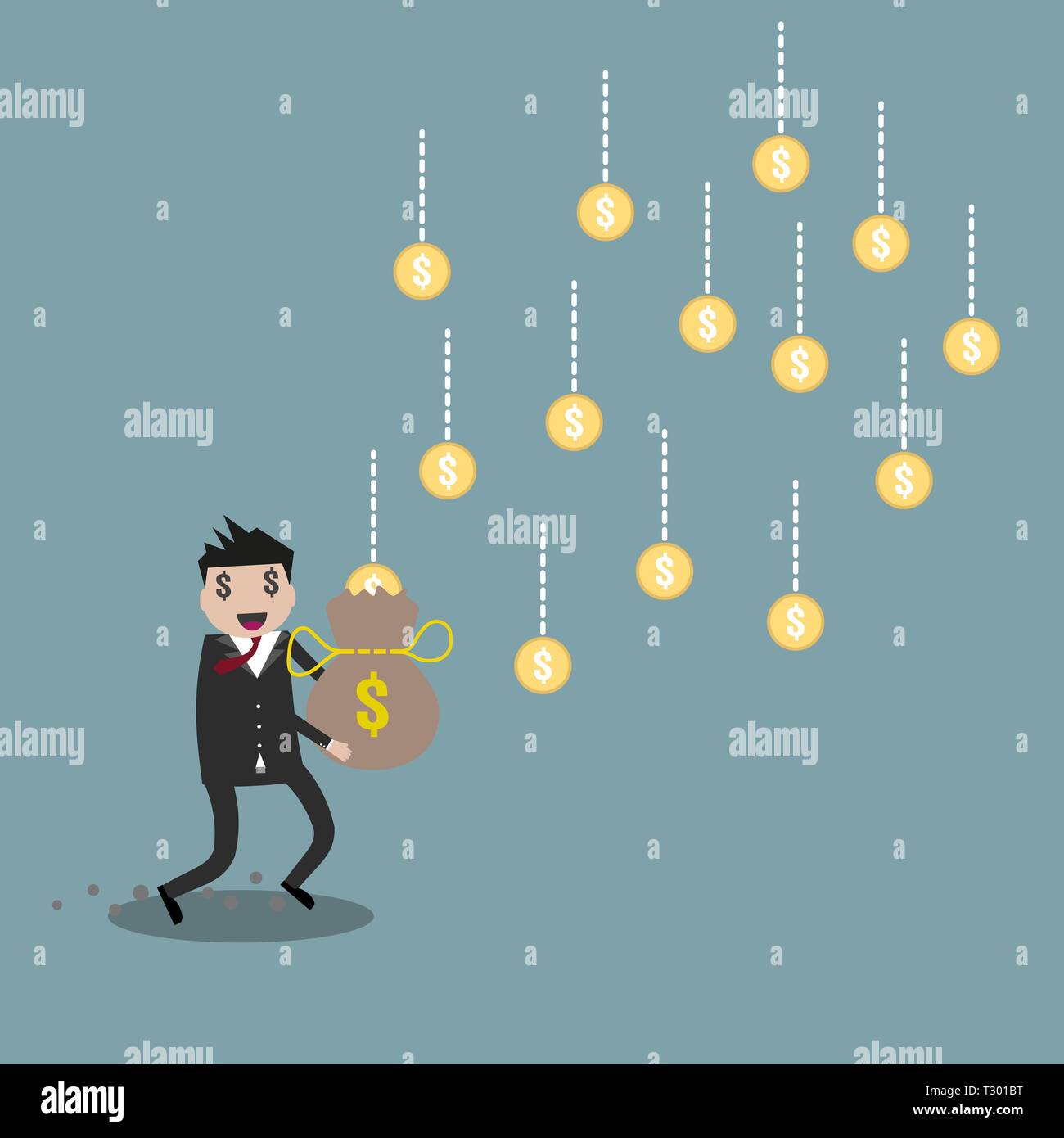 Cartoon businessman gather falling gold coins from sky to money bag. vector illustration in flat design on grey background. Financials, work motivatio Stock Vector