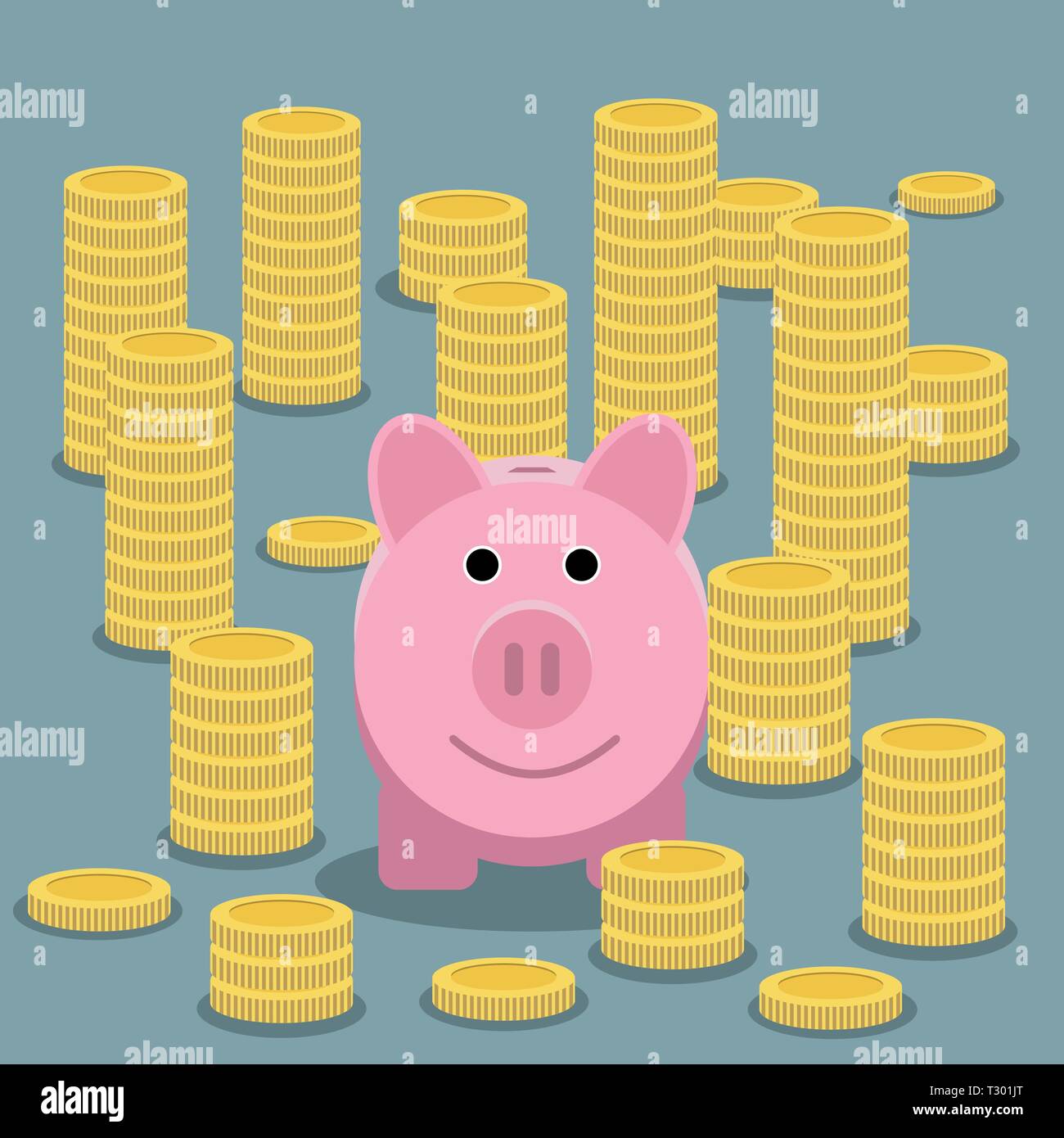 Pink piggy bank and stacks of gold coins on grey backgound, vector ...