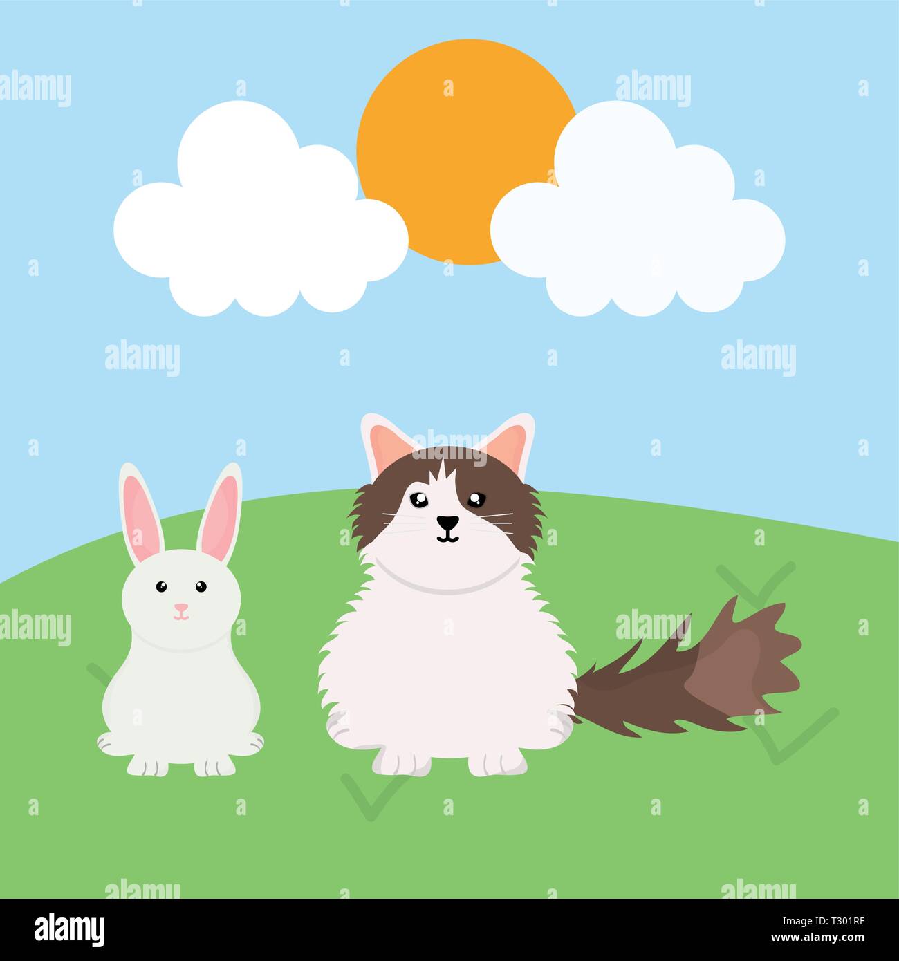 cute little rabbit and cat in the field vector illustration design ...