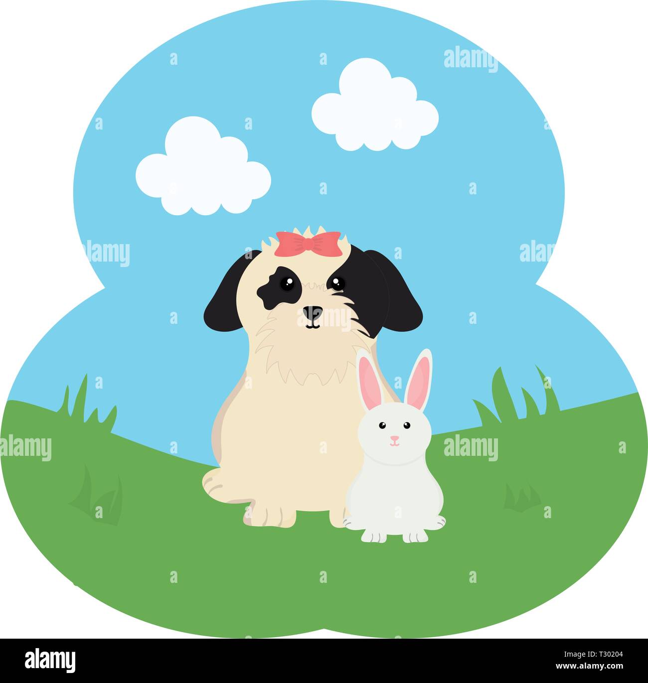 cute little rabbit with dog in the field vector illustration design ...