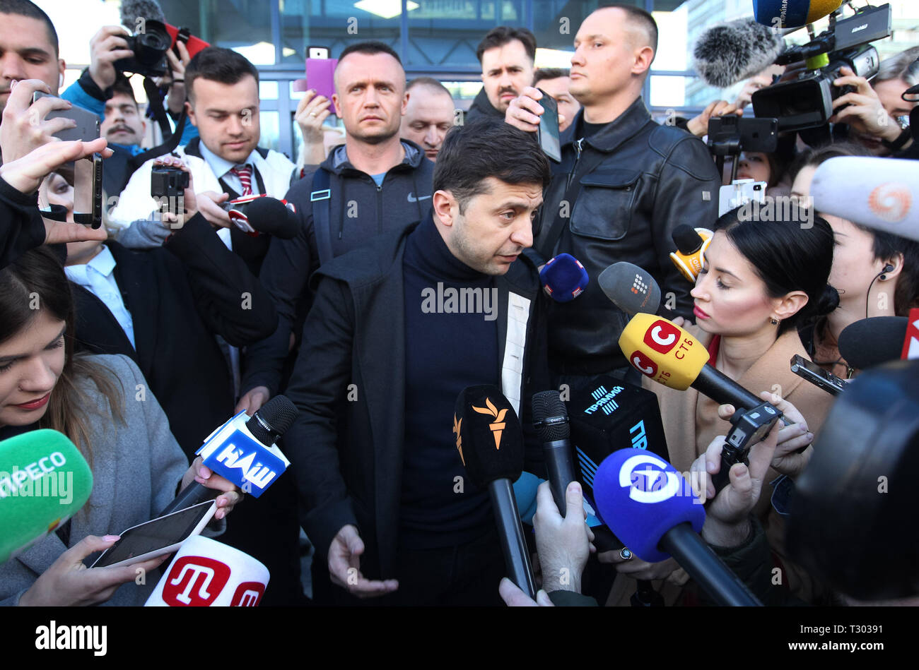 Ukrainian presidential candidate Volodymyr Zelensky seen talking to the media during his visit to the medical center for a test. On April 3, 2019 presidential candidate Volodymyr Zelenskiy declared his readiness to go to the debate before the second round of presidential elections with Ukrainian President and presidential candidate Petro Poroshenko, however, he voiced a number of conditions, in particular, the debate should be held at the Olympiyskiy stadium in Kiev, and candidates must pass a test for alcohol and drugs. Ukrainian President Petro Poroshenko agreed to these terms. Stock Photo