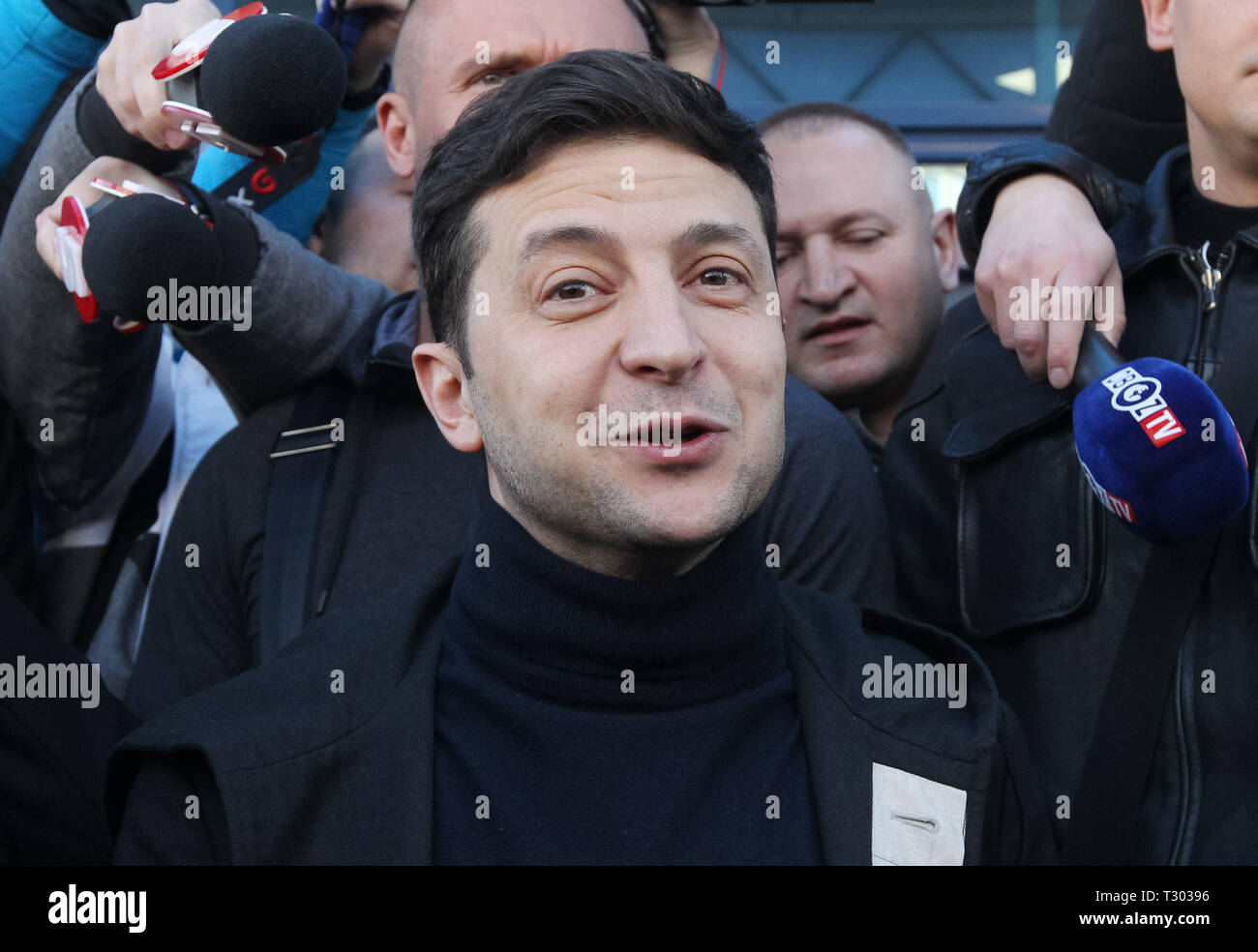 Ukrainian presidential candidate Volodymyr Zelensky seen talking to the media during his visit to the medical center for a test. On April 3, 2019 presidential candidate Volodymyr Zelenskiy declared his readiness to go to the debate before the second round of presidential elections with Ukrainian President and presidential candidate Petro Poroshenko, however, he voiced a number of conditions, in particular, the debate should be held at the Olympiyskiy stadium in Kiev, and candidates must pass a test for alcohol and drugs. Ukrainian President Petro Poroshenko agreed to these terms. Stock Photo