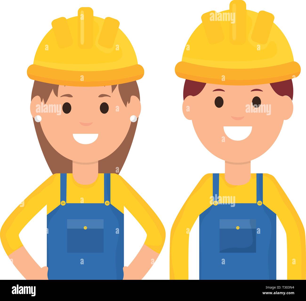 couple builders workers with helmets vector illustration design Stock ...