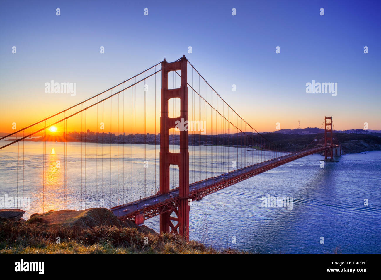 Sunrise over the golden gate bridge San Francisco, California, USA. Stock Photo
