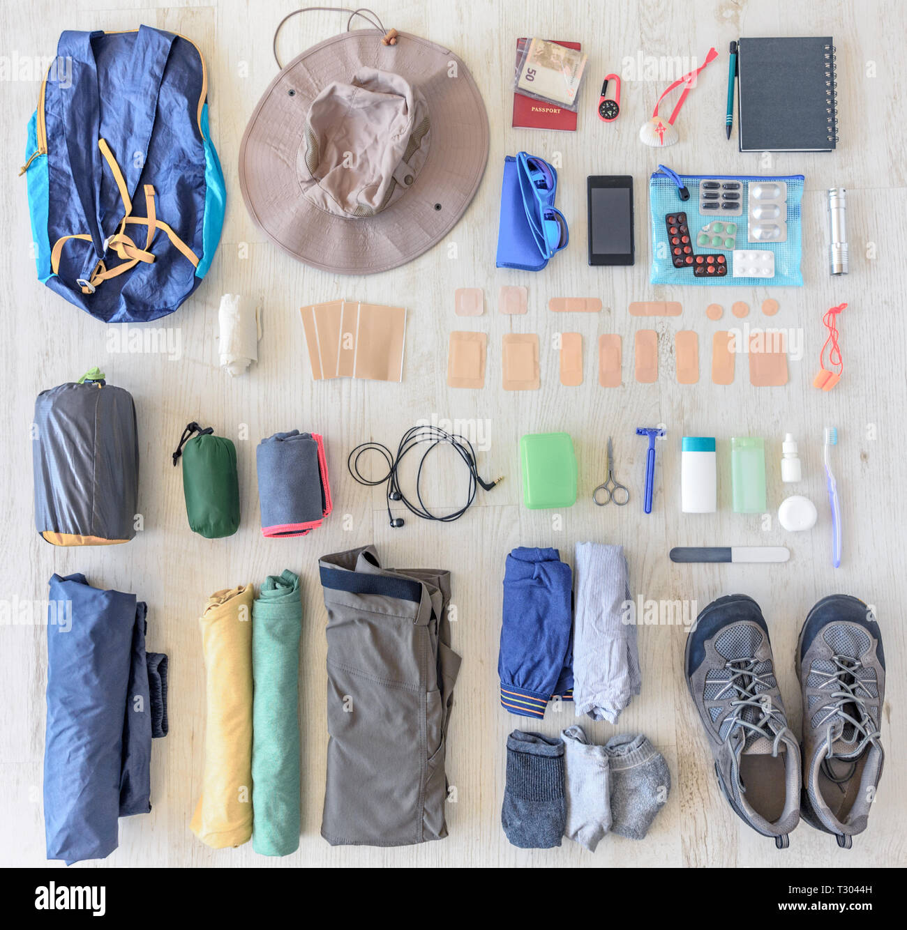 how to pack gear and accessories for Camino de Santiago Stock Photo