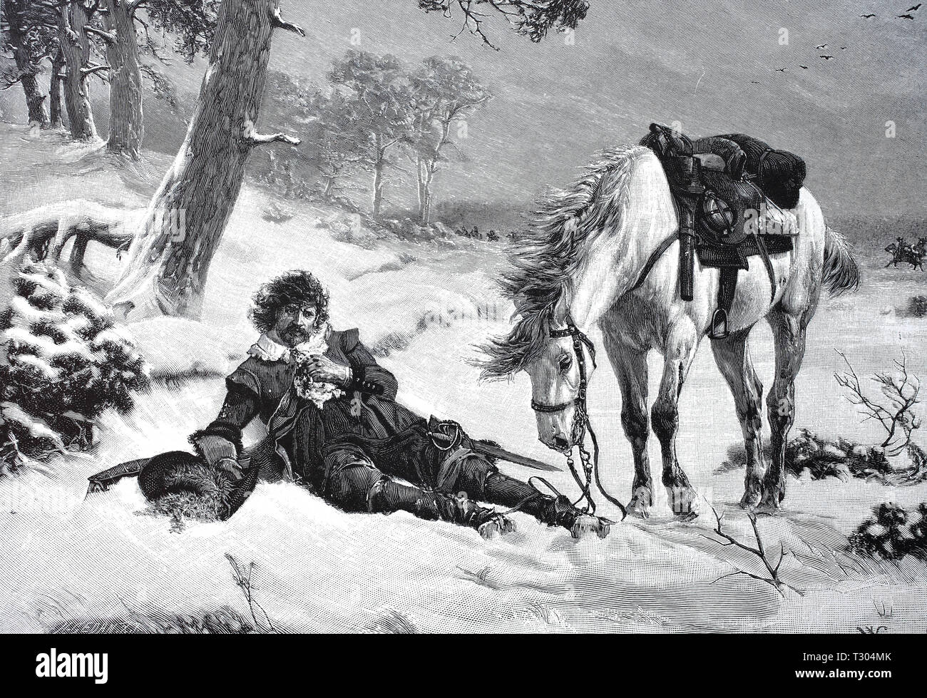 Digital improved reproduction, After lost battle, seriously injured from the horse like bled to death the soldier in the road edge, Nach verlorener Schlacht, schwer verletzt vom Pferd gefallen verblutet der Soldat am Wegesrand, from an original print from the 19th century Stock Photo
