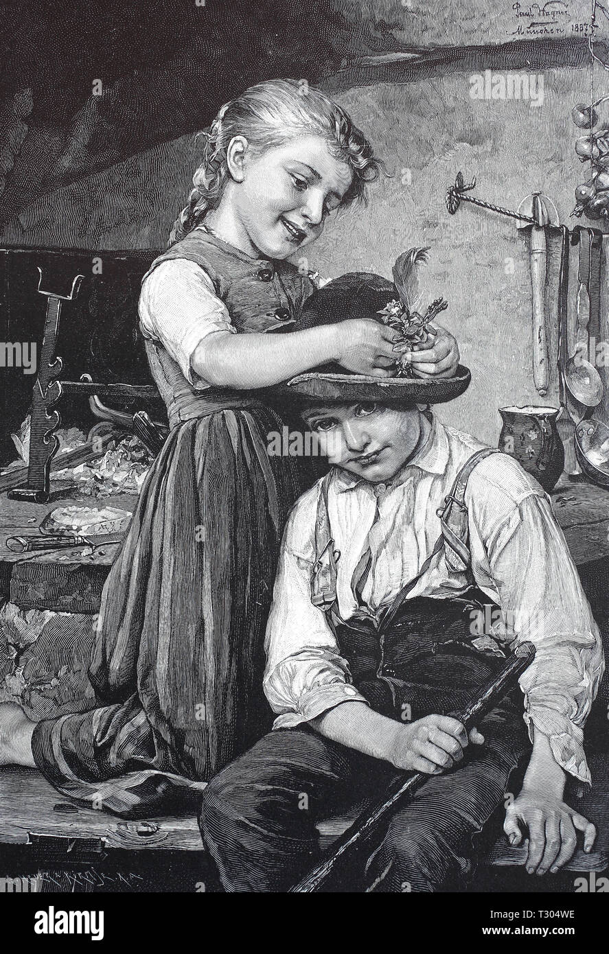 Digital improved reproduction, Reward, girl binds to a boy flowers and a feather in the hat, playfellow, Belohnung, Mädchen bindet einem Jungen Blumen und eine Feder in den Hut, Spielgefährtin, from an original print from the 19th century Stock Photo