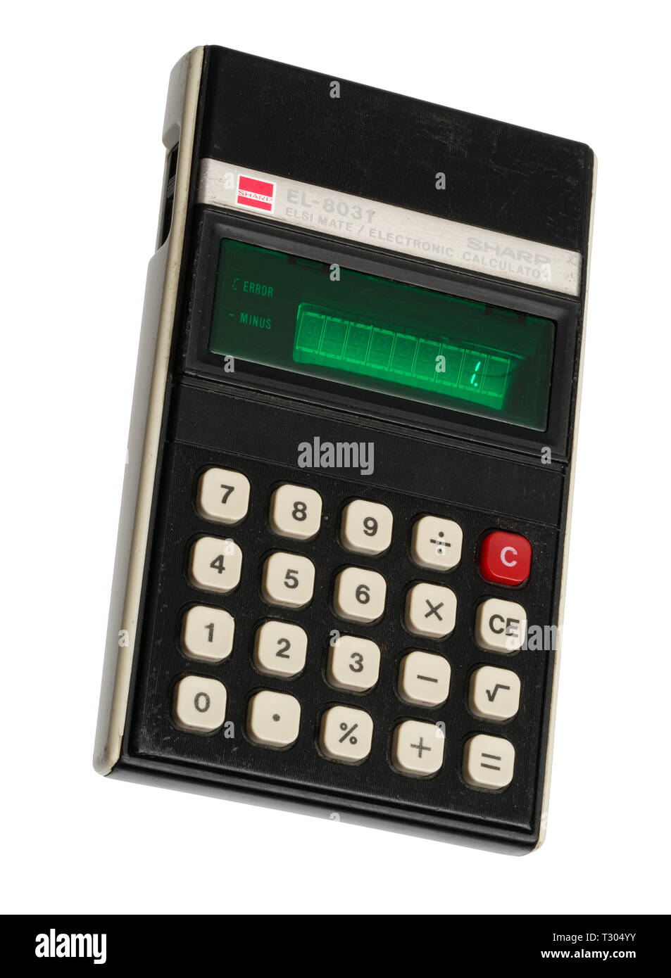 1970's pocket calculator. Simple arithmetic machine, handheld device. Sharp ELSI MATE EL-8031 Stock Photo