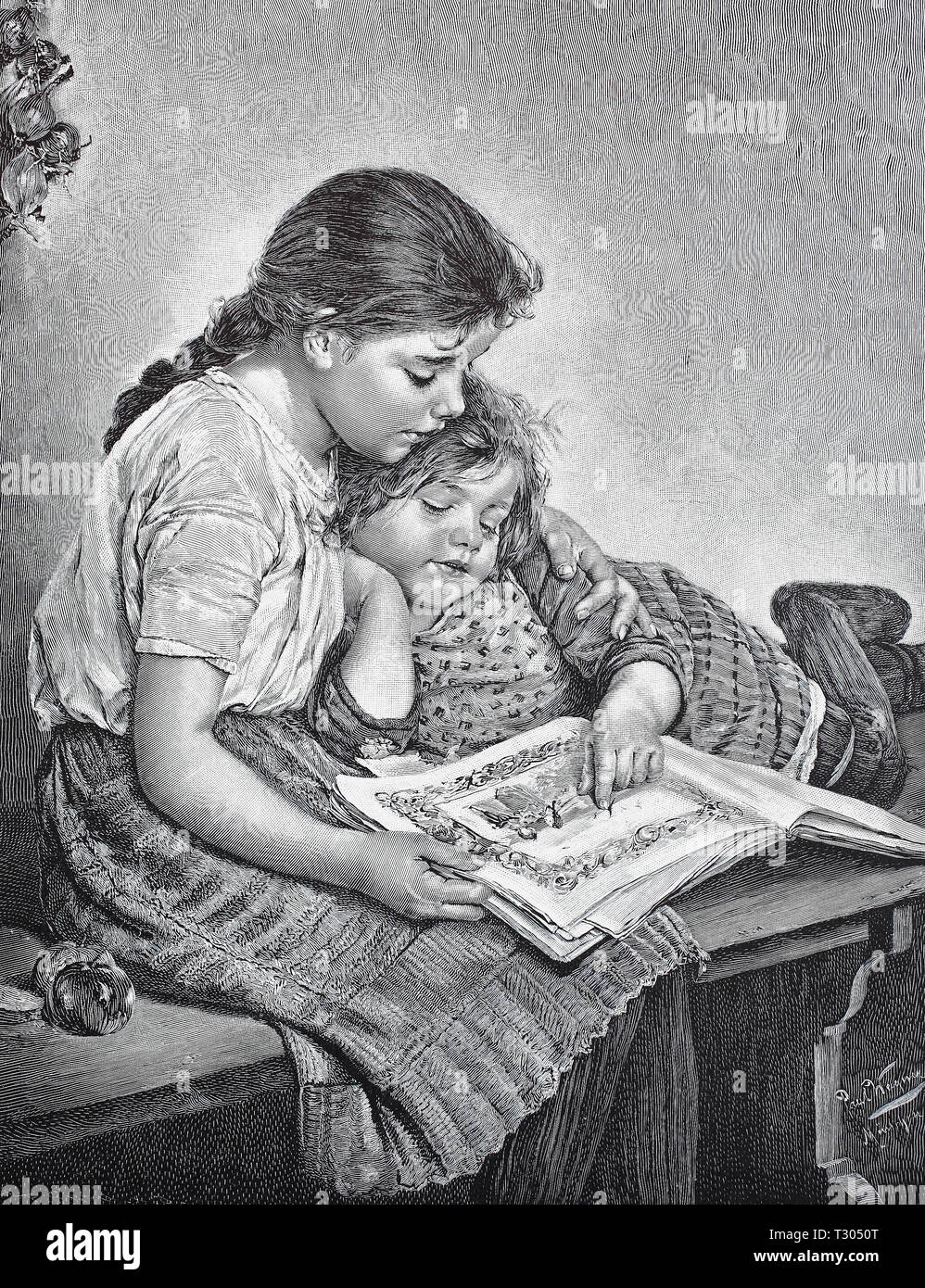 Digital improved reproduction, Two girls are deepened in a picture book, after a painting by Paul Wagner, Zwei Mädchen sind in einem Bilderbuch vertieft, nach einem Gemälde von Paul Wagner, from an original print from the 19th century Stock Photo