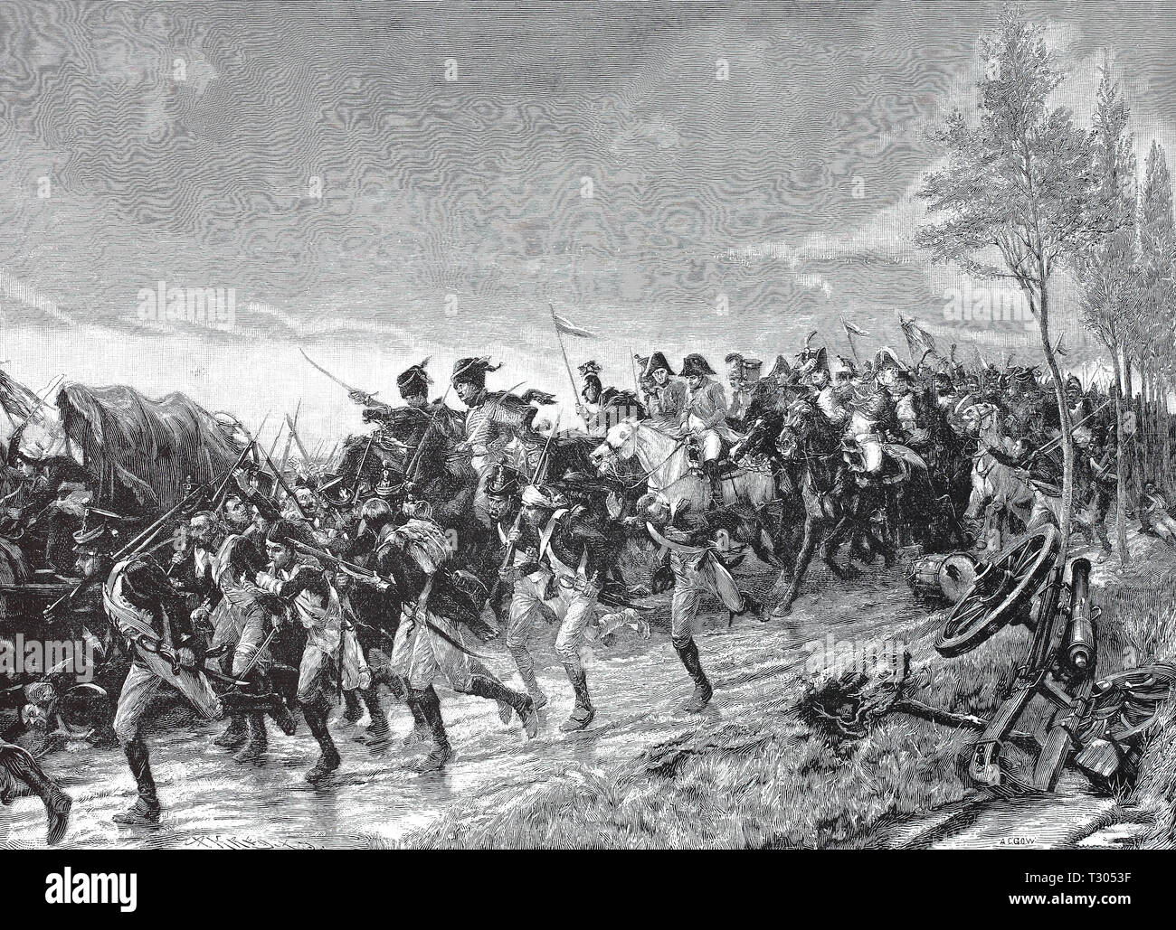 Digital improved reproduction, The escape of Napoleon and his troops after the battle with Belle-Alliance, Die Flucht von Napoleon und seinen Truppen nach der Schlacht bei Belle-Alliance, from an original print from the 19th century Stock Photo