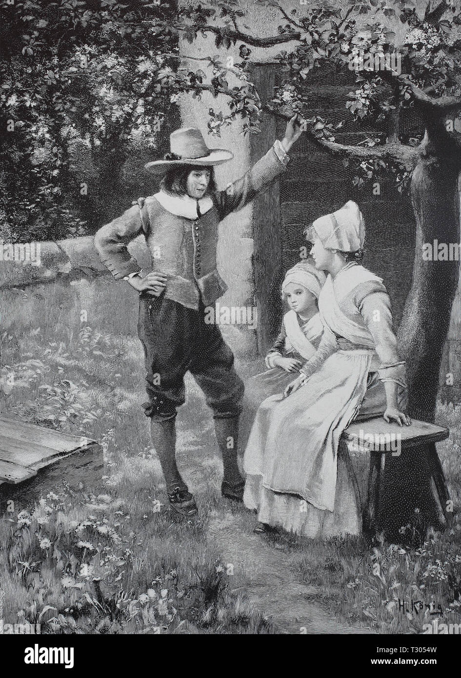 Digital improved reproduction, Under an apple tree youngsters meet in the garden, Unter einem Apfelbaum treffen sich Jugendliche im Garten, from an original print from the 19th century Stock Photo