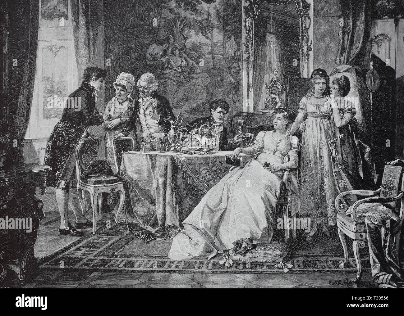 Digital improved reproduction, The suitor, the new bridegroom is introduced in the circle of the family, Der Freier, der neue Bräutigam wird in den Kreis der Familie eingeführt, from an original print from the 19th century Stock Photo