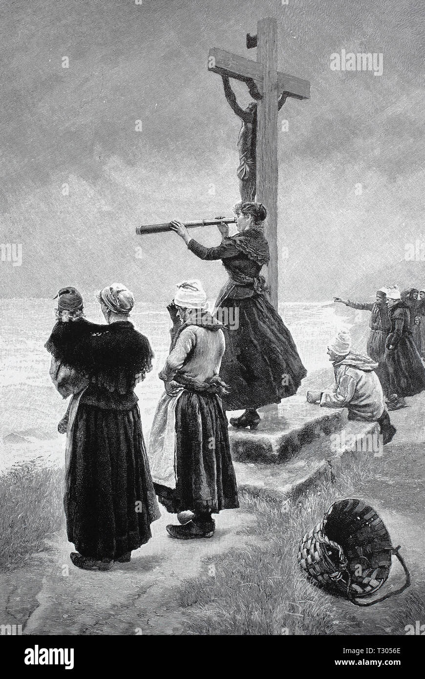 Digital improved reproduction, In anxious expectation the members of the family wait for the return of the fishing boats after a storm, the North Sea, crucifix in the harbour, In banger Erwartung warten die Familienangehörigen auf die Rückkehr der Fischerboote nach einem Sturm, Nordsee, Kruzifix am Hafen, from an original print from the 19th century Stock Photo