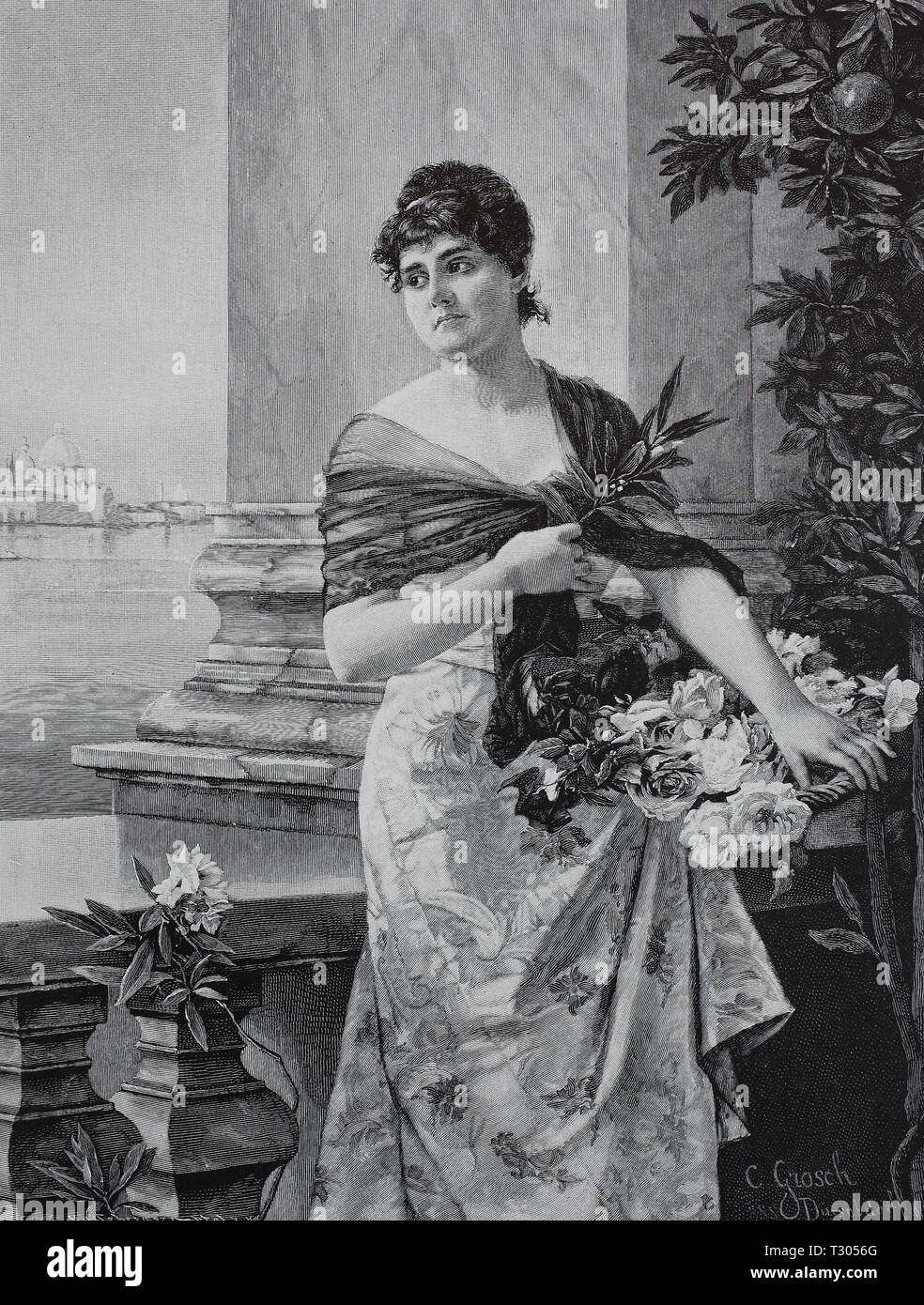 Digital improved reproduction, Venetianerin, woman from Venice with a basket with flowers in the lagoon town, Frau aus Venedig mit einem Korb mit Blumen in der Lagunenstadt, from an original print from the 19th century Stock Photo