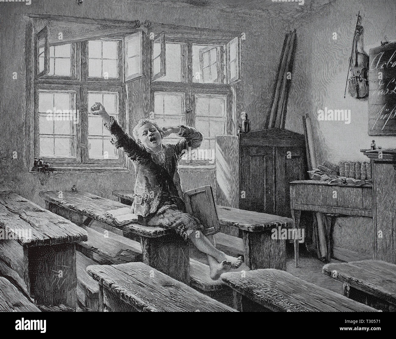 Digital improved reproduction, A school boy must be kept in in the classroom alone and stretches itself before tiredness, Ein Schuljunge muß im Klassenzimmer alleine nachsitzen und streckt sich vor Müdigkeit, from an original print from the 19th century Stock Photo