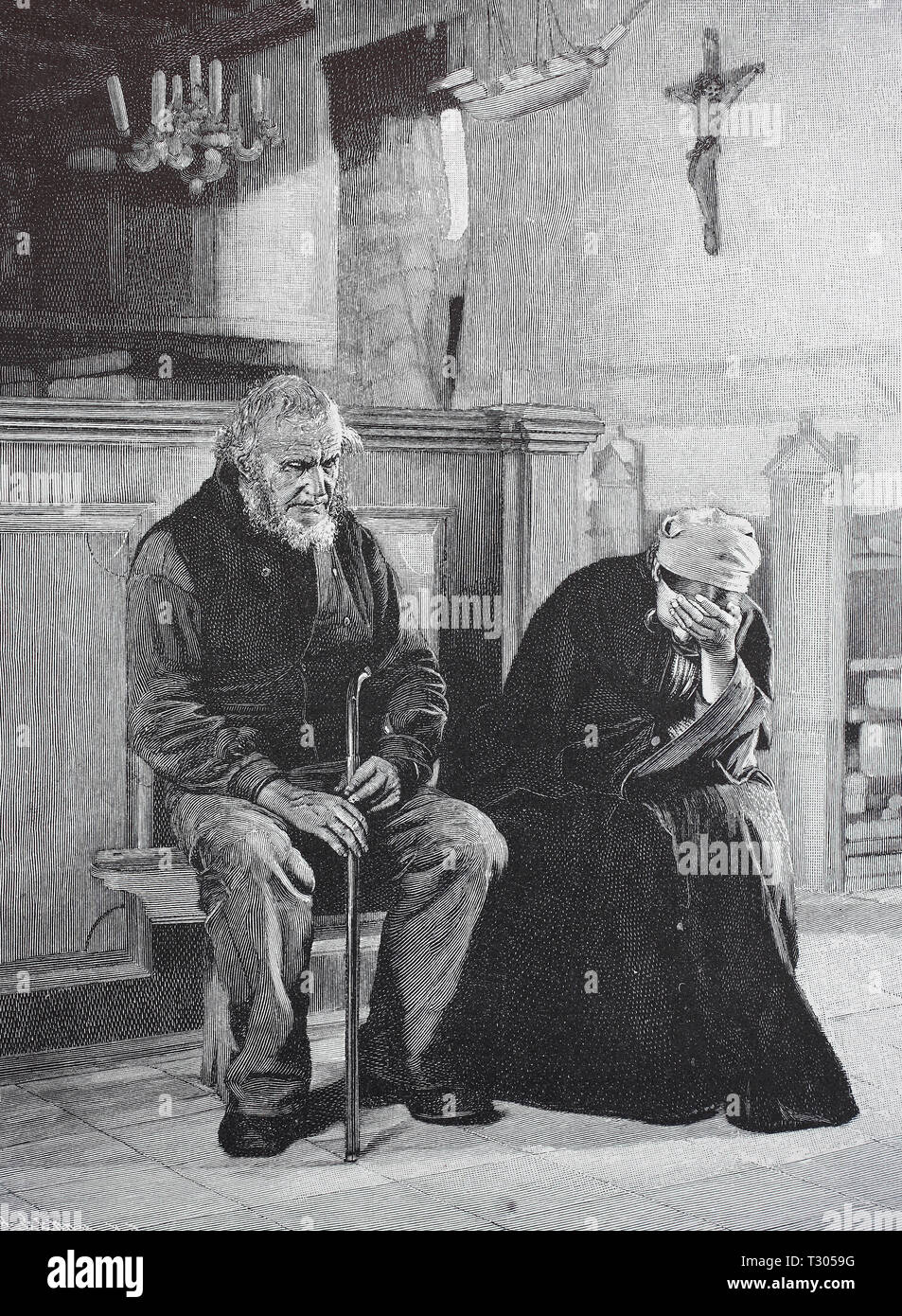 Digital improved reproduction, Sadly missed by, two mourning old people in the church, In tiefer Trauer, zwei trauernde alte Menschen in der Kirche, from an original print from the 19th century Stock Photo
