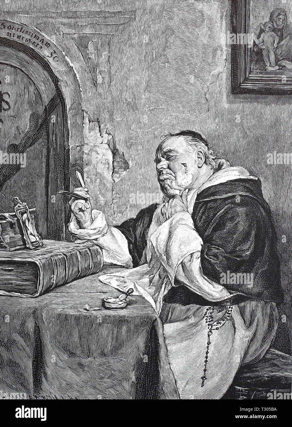 Digital improved reproduction, Priest has cut himself while shaving with the razor, Pfarrer hat sich beim Rasieren mit dem Rasiermesser geschnitten, from an original print from the 19th century Stock Photo