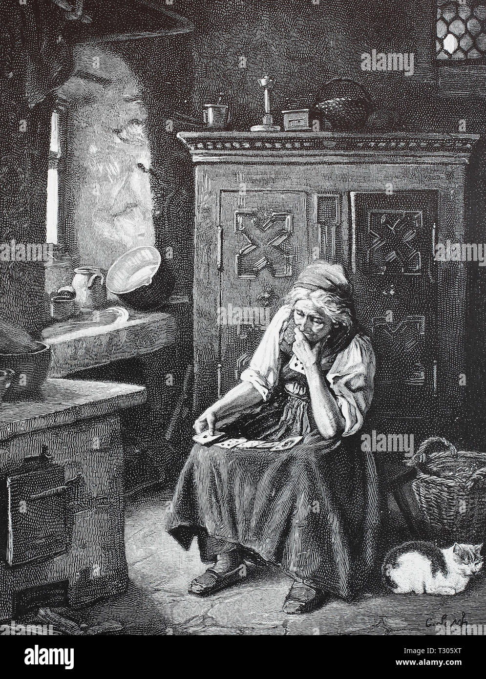 Digital improved reproduction, old Kartenlegerin in her room, has spread out the maps on her apron, alte Kartenlegerin in ihrem Zimmer, hat die Karten auf ihrer Schürze ausgebreitet, from an original print from the 19th century Stock Photo