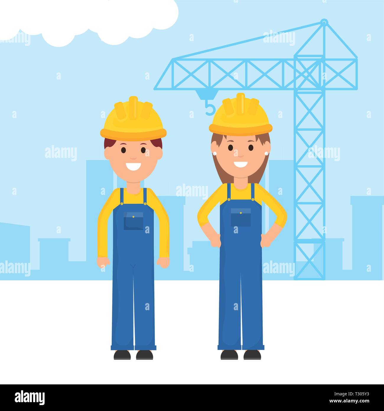 couple builders workers with helmets vector illustration design Stock ...