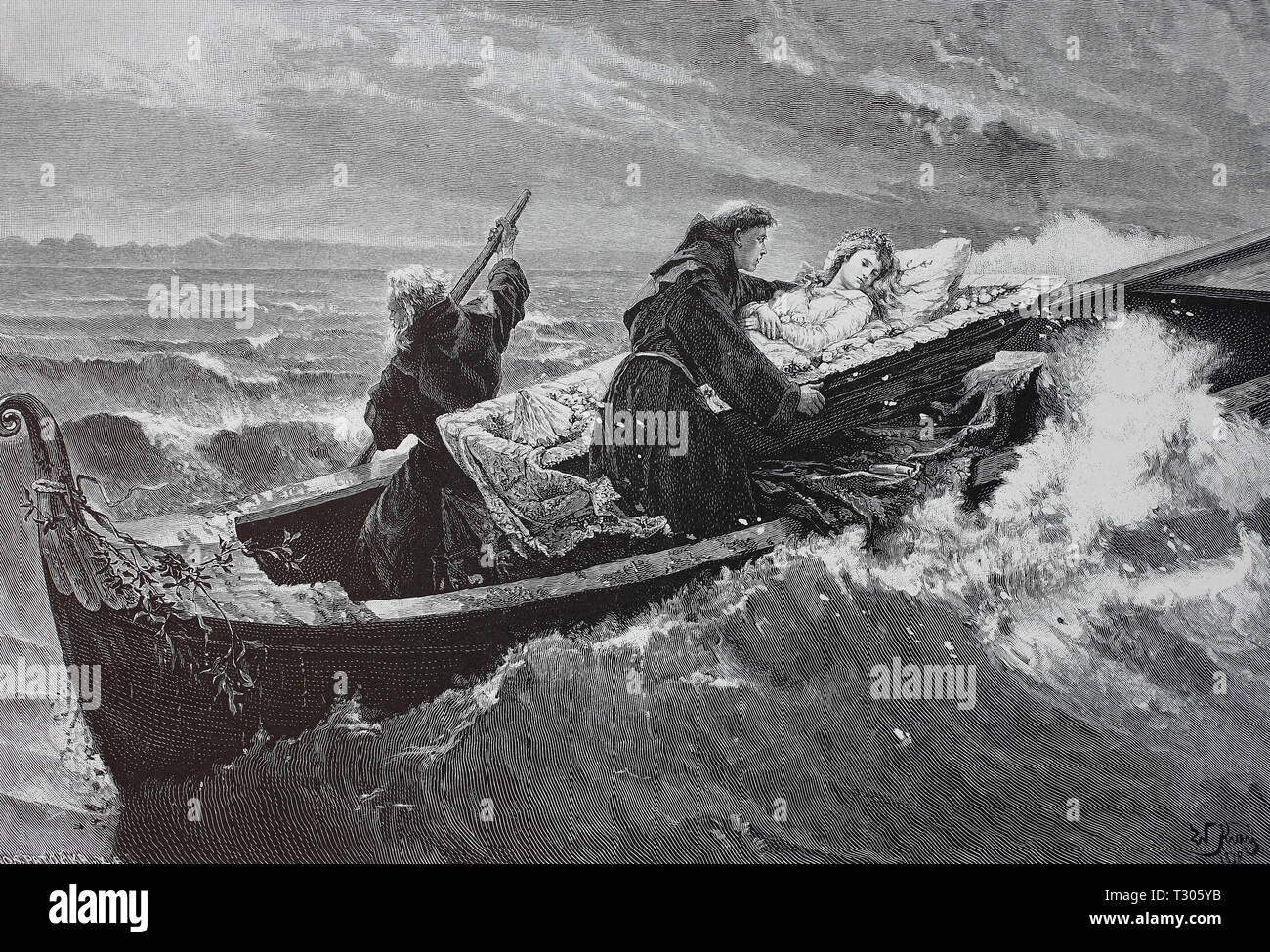 Digital improved reproduction, Monks bring the corpse of a young woman by the boat over the stormy sea to the cloister cemetery, Mönche bringen den Leichnam einer jungen Frau mit dem Boot über die stürmische See zum Klosterfriedhof, from an original print from the 19th century Stock Photo