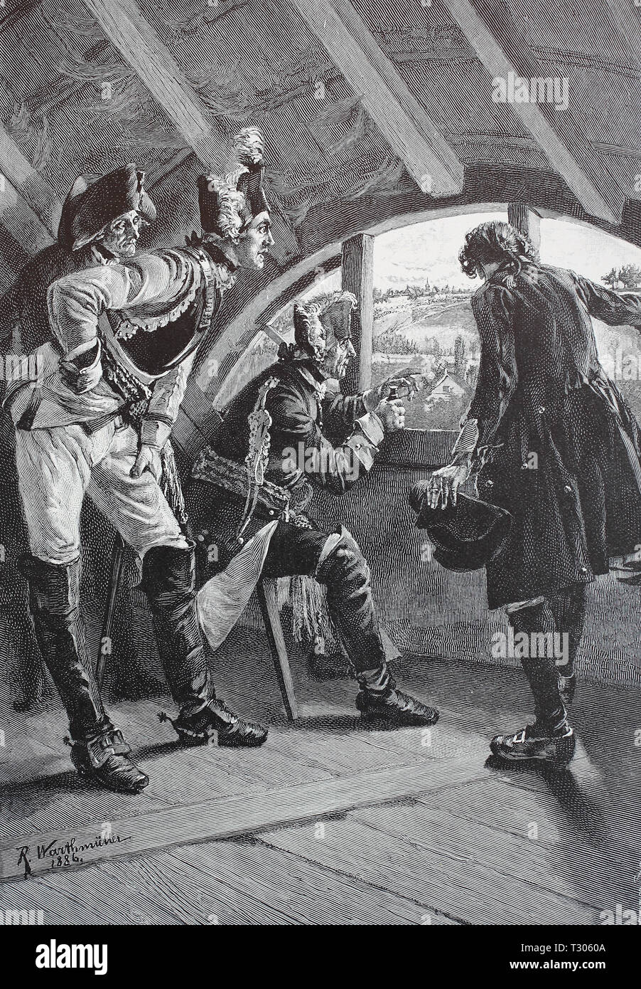Digital improved reproduction, Friedrich the tallness observes from the skylight of the mansion in horse brook the departure of the French, Friedrich der Große beobachtet vom Dachfenster des Herrenhauses in Roßbach den Aufbruch der Franzosen, from an original print from the 19th century Stock Photo