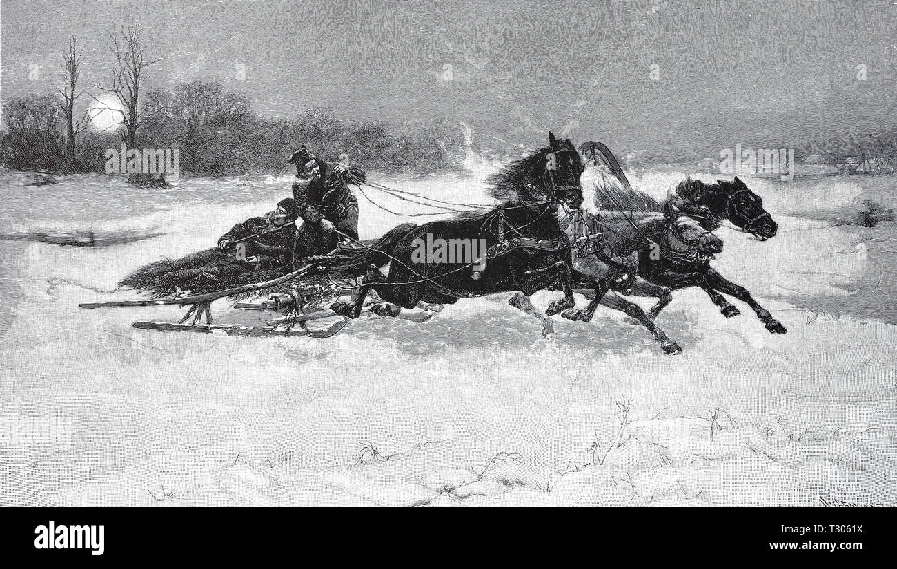 Digital improved reproduction, Drive home, the horses pull the sledge in the gallop in the direction of home stable, Heimfahrt, die Pferde ziehen den Schlitten im Galopp Richtung des heimatlichen Stall, from an original print from the 19th century Stock Photo
