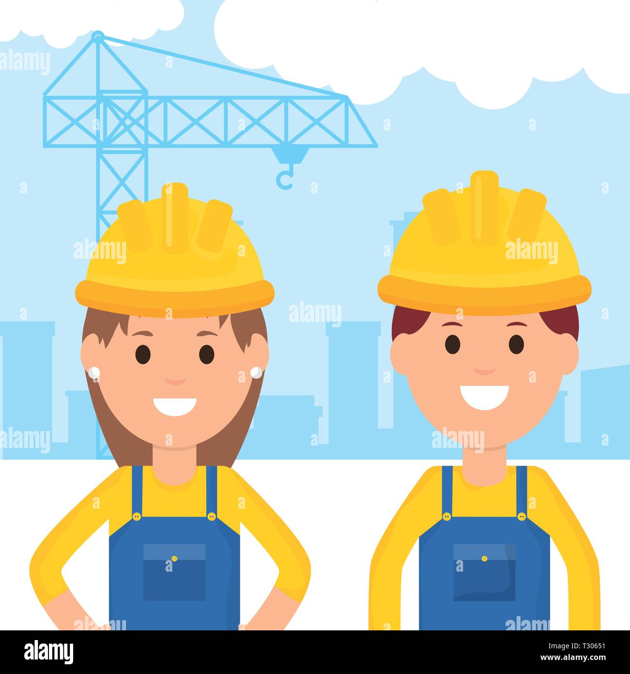 couple builders workers with helmets vector illustration design Stock ...