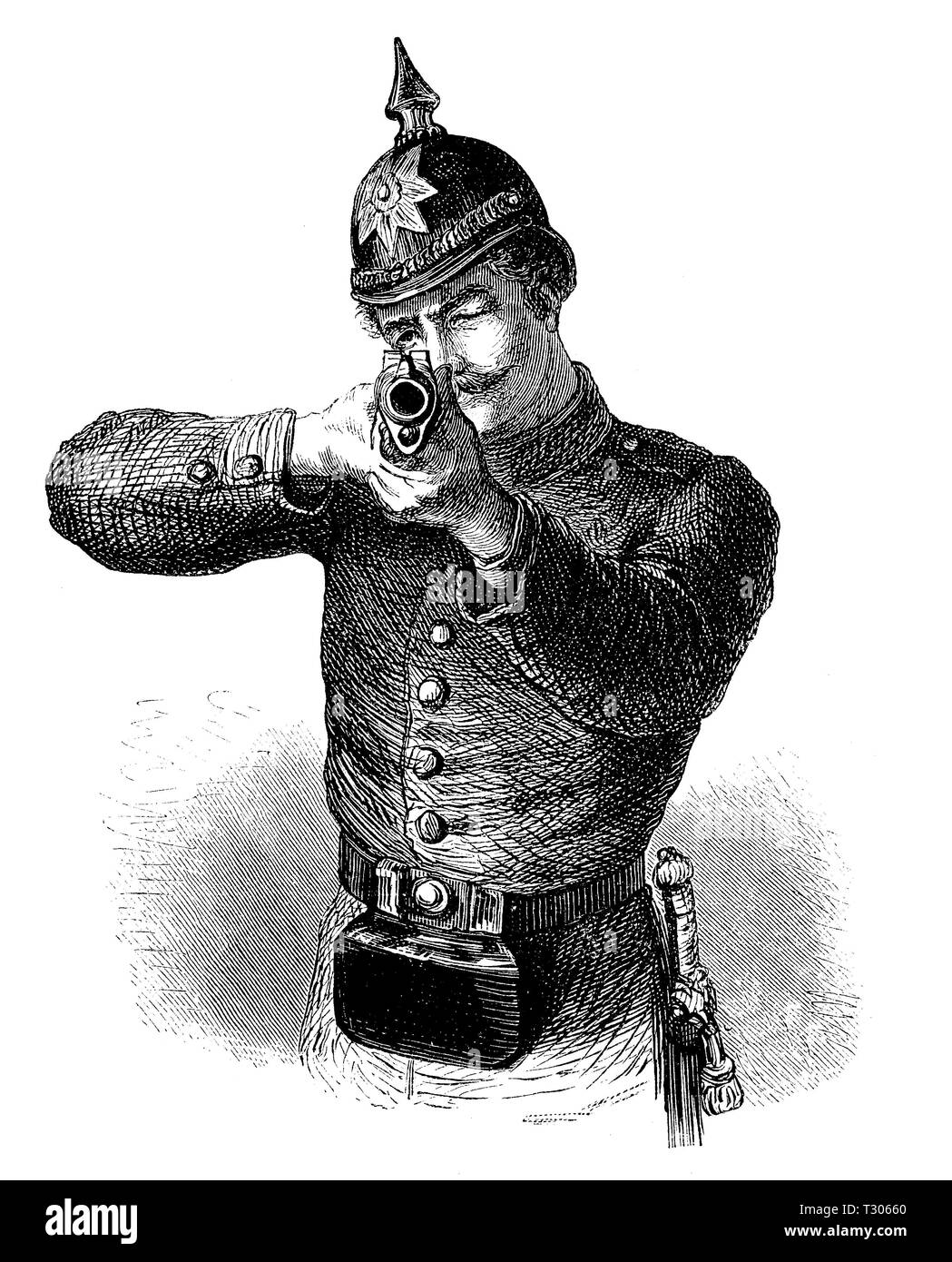 Digital improved reproduction, Shooter, Musketier, aims exactly at the viewer, Schütze, zielt genau auf den Betrachter, from an original print from the 19th century Stock Photo