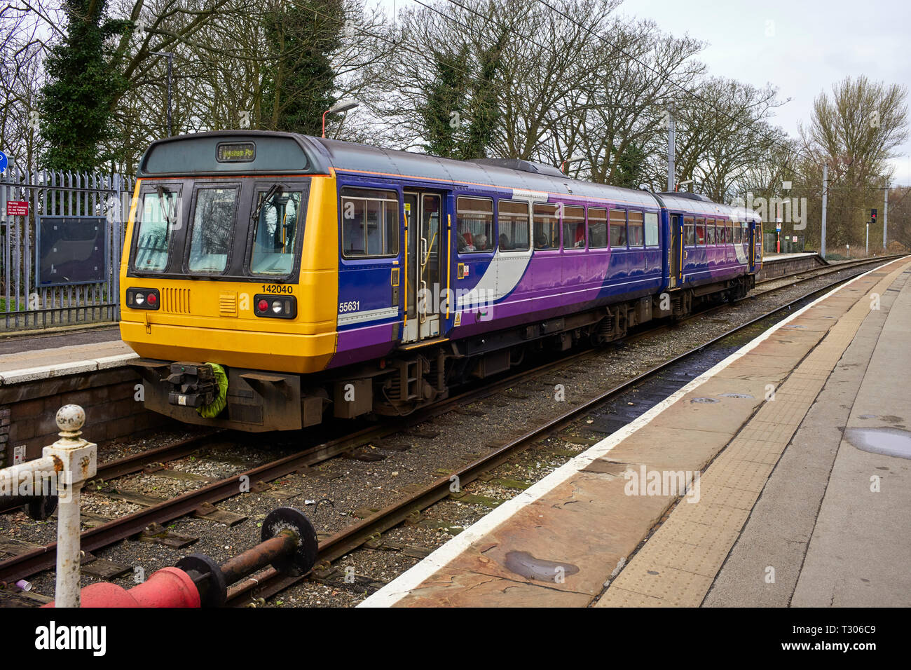 Pacer train class 142 at Lancaster Station heading for Heysham Port Stock Photo