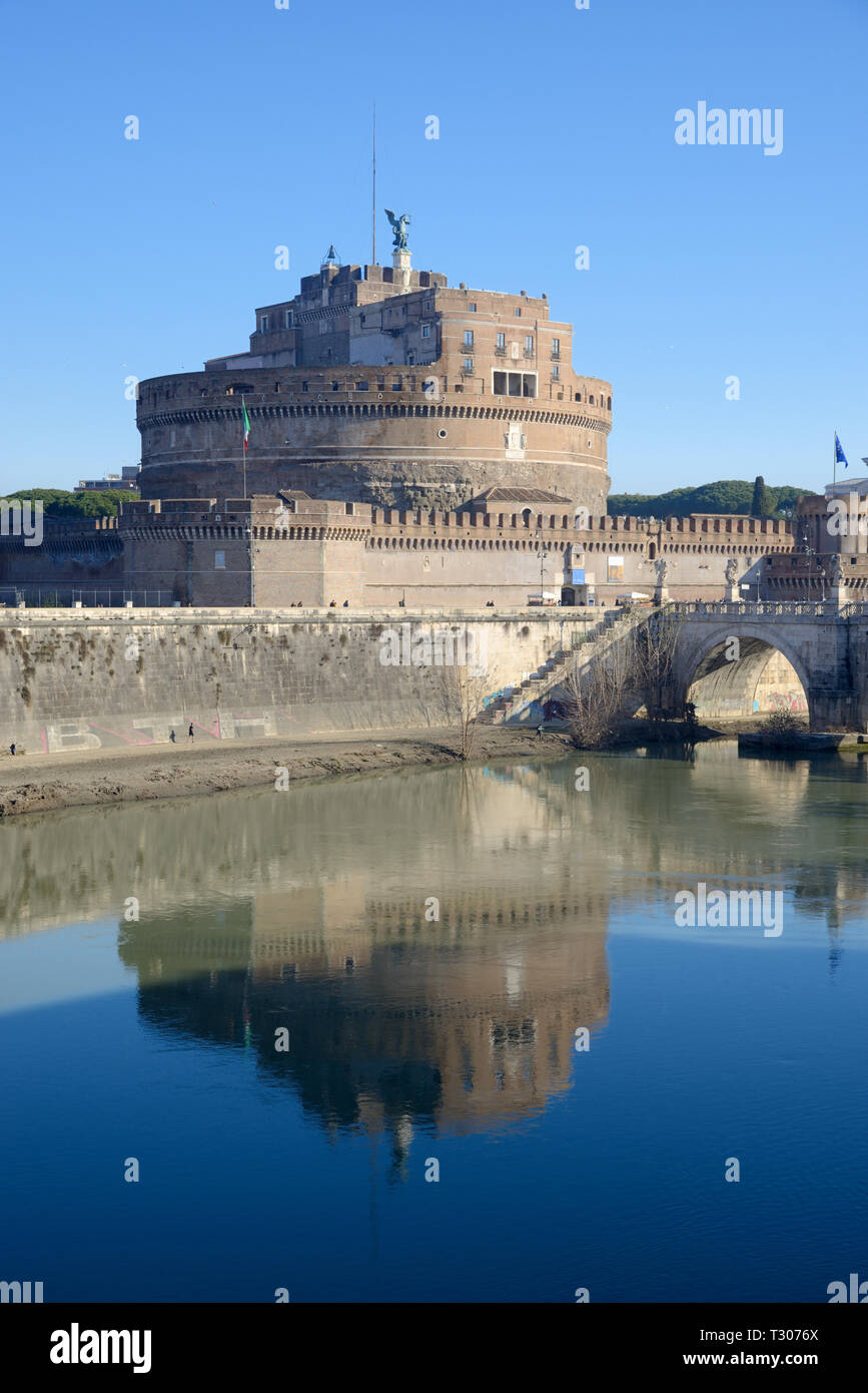 Reflection of the Castel Sant'Angelo Fort or Fortress, now a Museum, or Hadrian' Mausoleum in the River Tiber Rome Italy Stock Photo