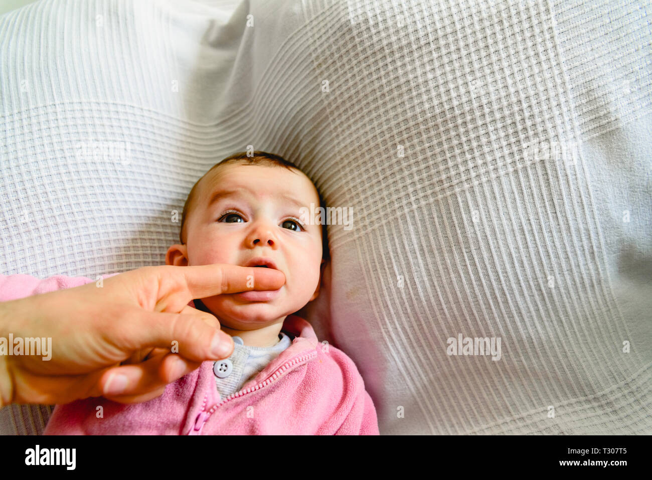 Beautiful And Friendly 6 Month Old Baby Girl Teething And Biting To Calm The Pain Stock Photo Alamy