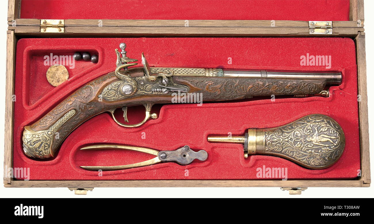 Small arms, pistols, flintlock pistol, caliber 12 mm, replica in the box, Italy, 17th century style, Additional-Rights-Clearance-Info-Not-Available Stock Photo